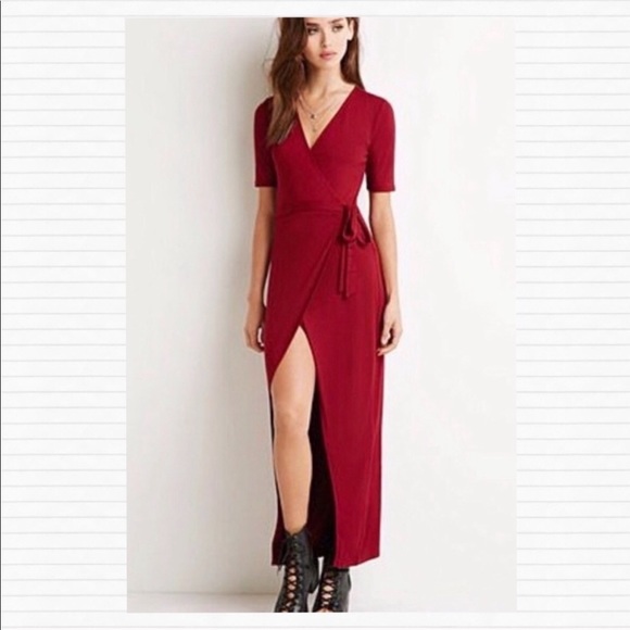 Forever 21 Dresses & Skirts - Red Wine Burgundy Midi Wrap Plunging V Neck Dress